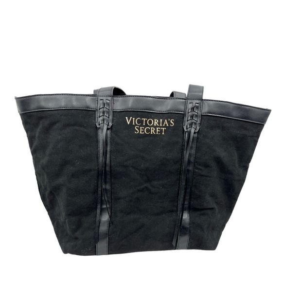 Victoria's Secret Tote Black large no close bag braided tassel gold logo travel - Picture 9 of 9